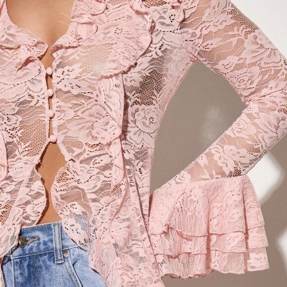 Baby Pink Sexy Women's Boho Lace Ruffle Maxi Blouse - Picture 4 of 6